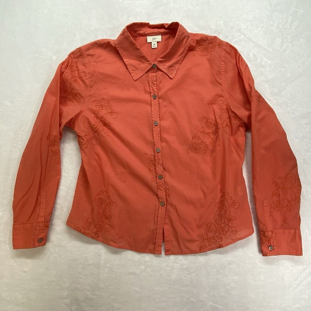 J Jill Blouse Womens medium 100% Cotton Salmon Coral Button Collared